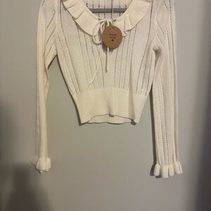 Honey Punch Size Medium Women's Cream Sweater Ruffle Sleeves Tie Neck